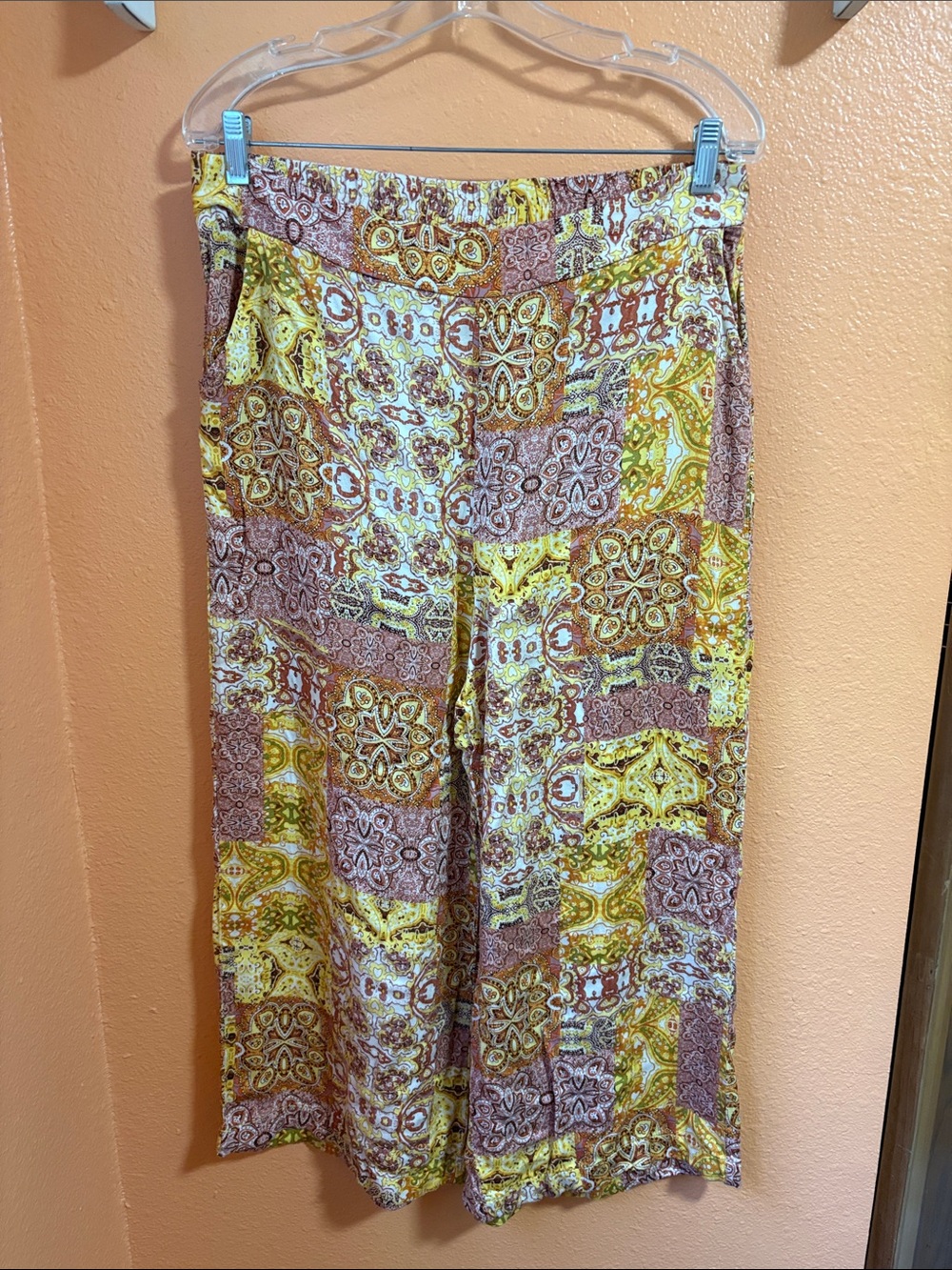 Christian Siriano Yellow & Brown Paisley Wide-Leg Pants